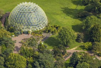 Aerial view, Botanical Garden and Dome Greenhouse, Bilk, Düsseldorf, Ruhr area, North