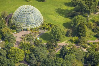 Aerial view, Botanical Garden and Dome Greenhouse, Bilk, Düsseldorf, Ruhr area, North