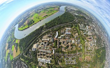 Aerial photo, Heinrich-Heine-University at the river Rhine, motorway A46 and Münchener Straße at