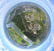Aerial photo, Heinrich-Heine-University at the river Rhine, motorway A46 and Münchener Straße at