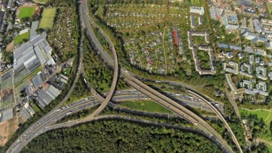 Aerial view, motorway junction Düsseldorf Bik, motorway A46 and Münchener Straße, globe, fisheye