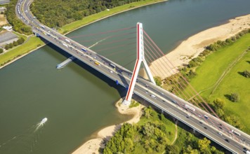 Aerial view, Fleher Bridge with bridge pylon over the river Rhine, inland navigation, motorway A46,