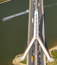 Aerial view, Fleher Bridge with bridge pylon over the river Rhine, inland navigation, motorway A46,