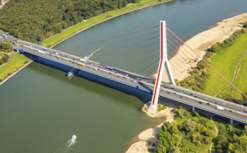 Aerial view, Fleher Bridge with bridge pylon over the river Rhine, inland navigation, motorway A46,