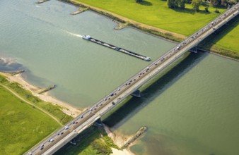 Aerial view, construction site and one-way navigable Josef-Kardinal-Frings-Bridge over the river