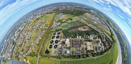 Aerial view, sewage treatment plant Düsseldorf-Süd Volmerswerth, earth globe, fisheye image, 360