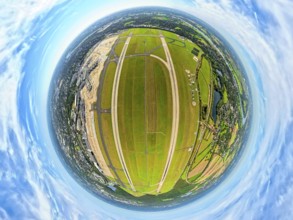 Aerial photo, DUS Airport Düsseldorf Airport with runway and landing strip, globe, fisheye image,