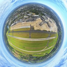 Aerial view, DUS Airport Düsseldorf with reception building and commercial area DUS Airport-City,