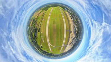 Aerial photo, DUS Airport Düsseldorf Airport with runway and landing strip, globe, fisheye image,