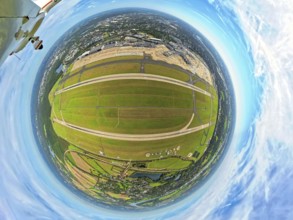 Aerial photo, DUS Airport Düsseldorf with runway and landing strip, globe, fisheye image, 360