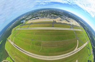 Aerial photo, DUS Airport Düsseldorf with runway and landing strip, globe, fisheye image, 360