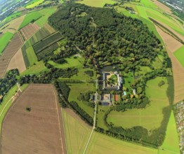 Aerial view, Schloss Heltorf moated castle with castle park and landscape garden, globe, fisheye