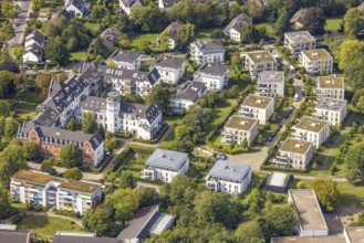 Aerial view, housing estate and three-wing house, former children's home on Bergesweg, Wittlaer,