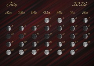 Moon Phases Calendar, July 2026 Red