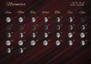 Moon Phases Calendar, November 2026 Red