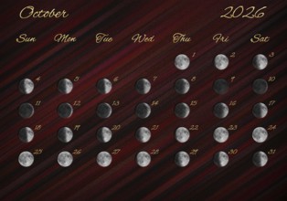 Moon Phases Calendar, October 2026 Red