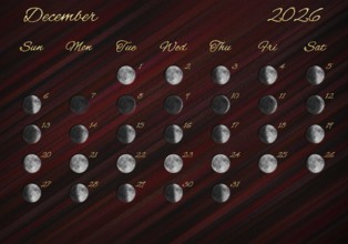 Moon Phases Calendar, December 2026 Red