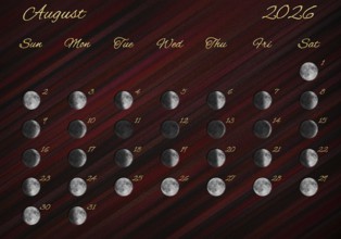 Moon Phases Calendar, August 2026 Red