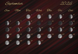 Moon Phases Calendar, September 2026 Red