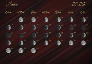 Moon Phases Calendar, June 2026 Red