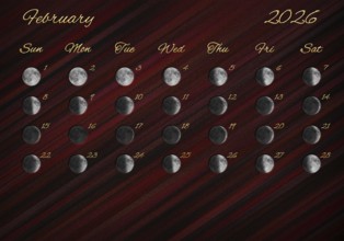 Moon Phases Calendar, February 2026 Red