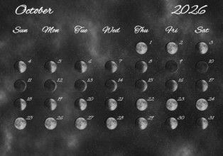 Moon Phases Calendar, October 2026 Space Background