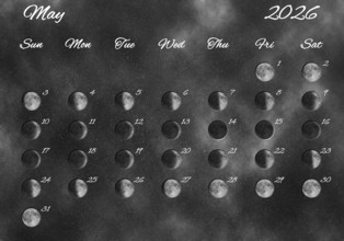 Moon Phases Calendar, May 2026 Space Background