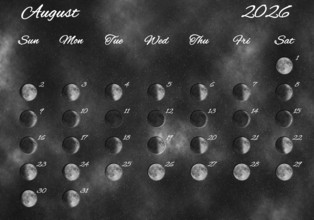 Moon Phases Calendar, August 2026 Space Background