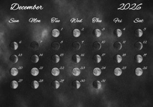 Moon Phases Calendar, December 2026 Space Background