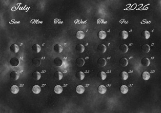 Moon Phases Calendar, July 2026 Space Background
