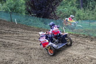 Motocross, Rudersberg, Baden-Württemberg, Germany, Europe, Two riders on a motorbike with sidecar