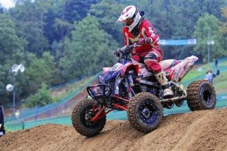Motocross, Rudersberg, Baden-Württemberg, Germany, Europe, Rider in red protective clothing jumps