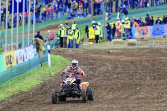 Motocross, Rudersberg, Baden-Württemberg, Germany, Europe, A quad bike pilot navigates through a