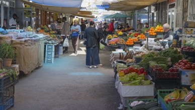 Various stalls full of fresh fruit and vegetables at a busy market, Gyumri, Giumri, Gyumri, Shirak
