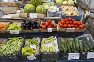 Various fresh vegetables in boxes on a market stall, Gyumri, Gyumri, Shirak province, Armenia