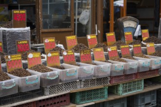 Different types of coffee in transparent containers with price tags at a market, Gyumri, Gyumri,
