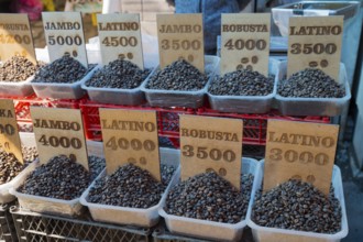 Stalls with coffee beans and signs at a market, Gyumri, Giumri, Gyumri, Shirak province, Armenia