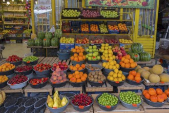 Presentation of many different types of fruit on a market stall, Gyumri, Gyumri, Shirak province,