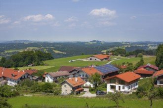 Residential building and view of the Chiemgau, Samerberg, Chiemgau, Upper Bavaria, Bavaria, Germany