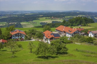 Residential building and view of the Chiemgau, Samerberg, Chiemgau, Upper Bavaria, Bavaria, Germany
