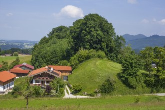 Residential building and view of the Chiemgau, Samerberg, Chiemgau, Upper Bavaria, Bavaria, Germany
