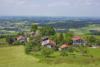 Residential building and view of the Chiemgau, Samerberg, Chiemgau, Upper Bavaria, Bavaria, Germany