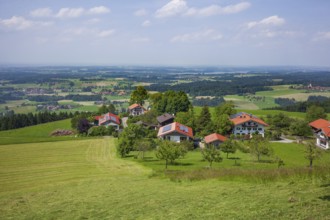 Residential building and view of the Chiemgau, Samerberg, Chiemgau, Upper Bavaria, Bavaria, Germany