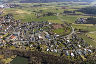 Aerial view, sports stadium on Odershäuser Straße, football pitch, sports field in Bad Wildungen in