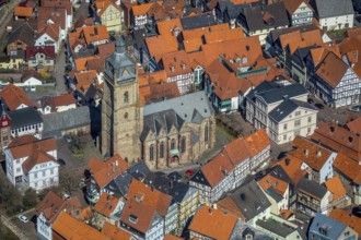 Aerial view, town centre of Wildungen with Protestant church on the town hill, in Bad Wildungen in