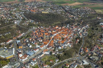 Aerial view, town centre of Wildungen with Protestant church on the town hill, in Bad Wildungen in