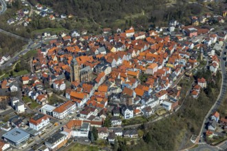 Aerial view, town centre of Wildungen with Protestant church on the town hill, in Bad Wildungen in