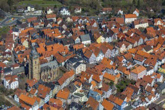 Aerial view, town centre of Wildungen with Protestant church on the town hill, in Bad Wildungen in