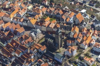 Aerial view, town centre of Wildungen with Protestant church on the town hill, in Bad Wildungen in