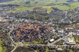 Aerial view, town centre of Wildungen with Protestant church on the town hill, in Bad Wildungen in